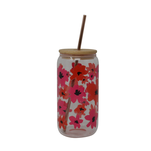 Verre avec couvercle et paille – Marguerites roses, 500 ml – vue du produit