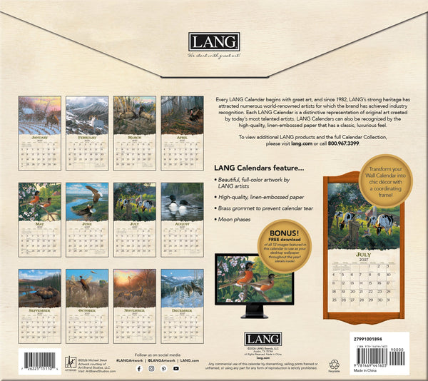 Calendrier mural LANG Beyond the Woods 2027 : présentation des illustrations et du dos du calendrier.