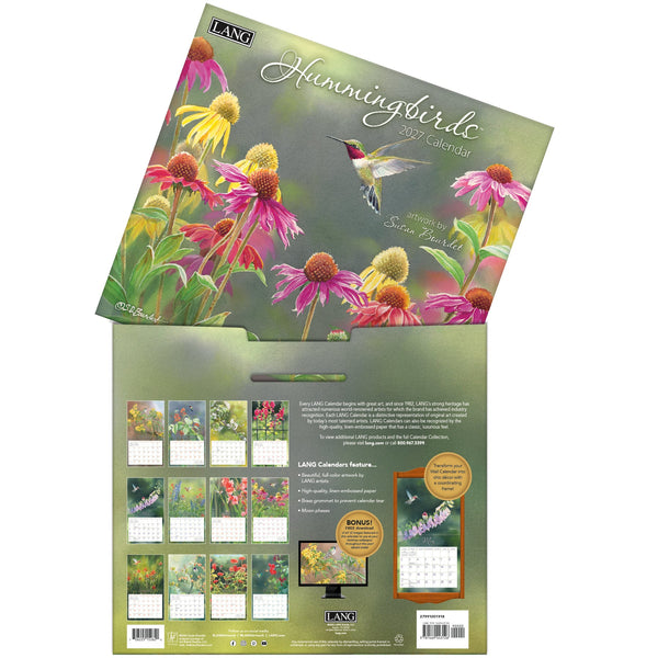 Calendrier mural LANG Hummingbirds 2027 : présentation des illustrations et du dos du calendrier.