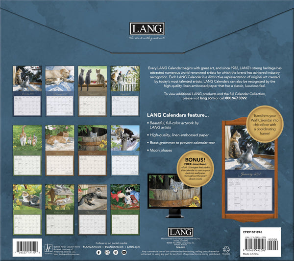 Calendrier mural LANG Love of Cats 2027 : présentation des illustrations et du dos du calendrier.