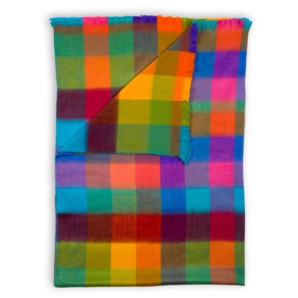 Couverture double à franges en mélange d’alpaga – Carreaux multicolores – Pokoloko