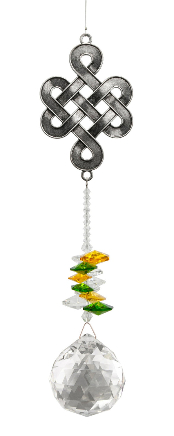 Attrape-soleil Nœud infini Eternity Crystal : motif argenté représentant un nœud entrelacé, perles vertes et jaunes et cristal transparent facetté.