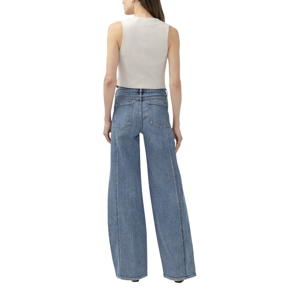 Vue arrière du jean La Maison du Bleuet Isbister taille haute à jambe large en denim indigo délavé avec poches