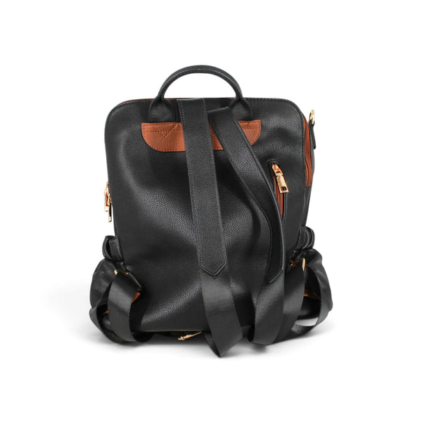 Sac à dos Maison Taïga noir et cognac avec bretelles ajustables et détails en métal doré, vue arrière.