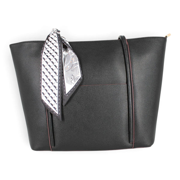Sac fourre-tout Maison Taïga Signature Deluxe en cuir noir structuré avec foulard décoratif à motifs géométriques