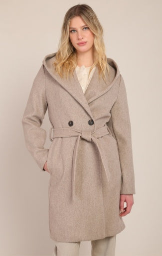 Manteau à capuchon ceinturé Dex, coloris pierre, vêtement porté
