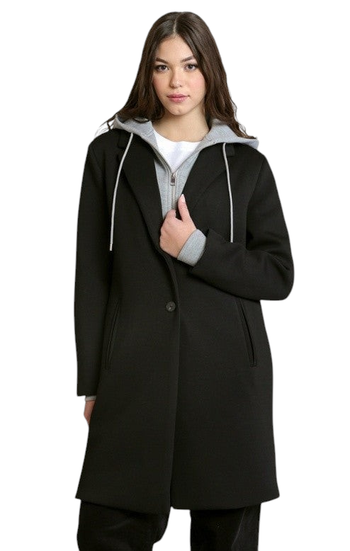 Manteau mi-long noir Dex 2829010D vu de face : col à revers, capuche grise à cordons et empiècement zippé.