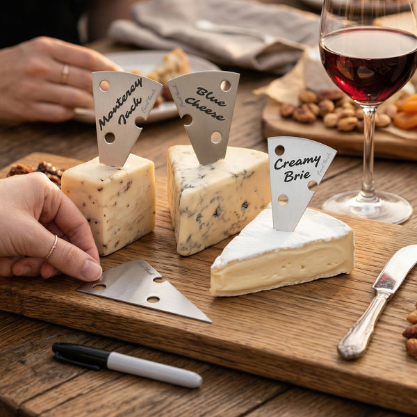 Marqueurs à fromage Final Touch identifiant les fromages sur un plateau de dégustation.