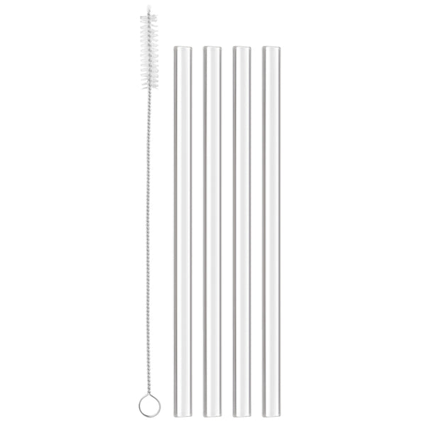 Quatre pailles à cocktail Final Touch en verre transparent avec leur brosse de nettoyage.
