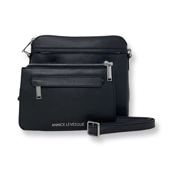 Sac à bandoulière Brigitte en cuir noir – pochette détachée