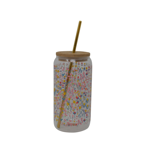 Verre avec couvercle et paille – Fleurs jaunes, 500 ml – vue du produit