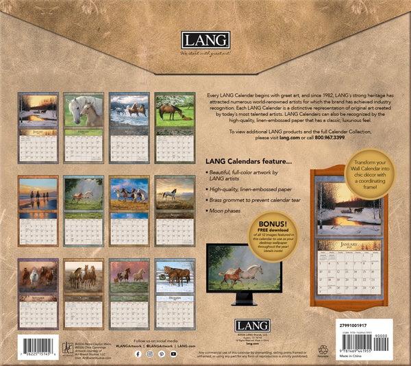 Calendrier mural LANG Horses in the Mist 2027 : présentation des illustrations et du dos du calendrier.