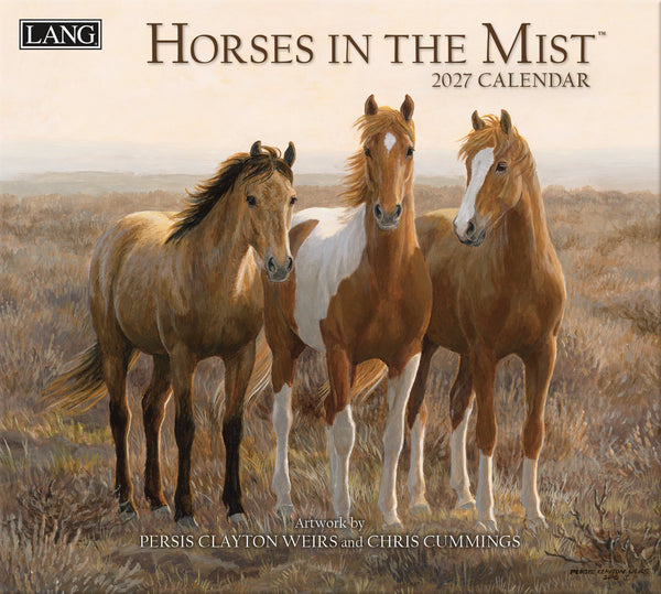 Calendrier mural LANG Horses in the Mist 2027 : couverture avec trois chevaux dans la brume.