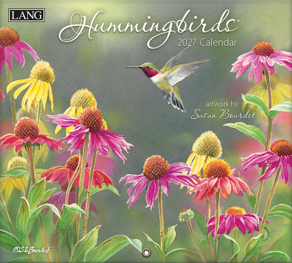 Calendrier mural LANG Hummingbirds 2027 : couverture avec un colibri parmi des fleurs roses.