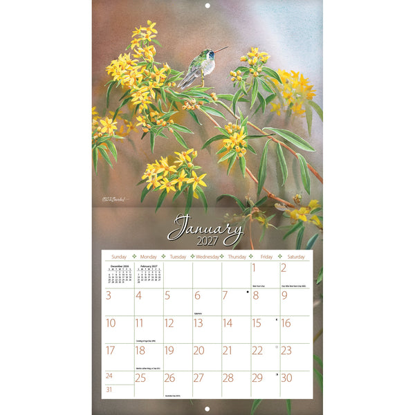 Calendrier mural LANG Hummingbirds 2027 : page de janvier 2027 et des colibris parmi des fleurs jaunes.