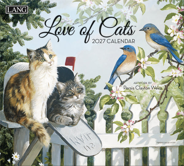 Calendrier mural LANG Love of Cats 2027 : couverture avec des chats et des oiseaux dans un décor de jardin.