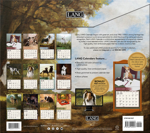 Calendrier mural LANG Love of Dogs 2027 : présentation des illustrations et du dos du calendrier.