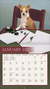 Calendrier mural LANG Love of Dogs 2027 : page de janvier 2027 et un petit chien assis à une table.