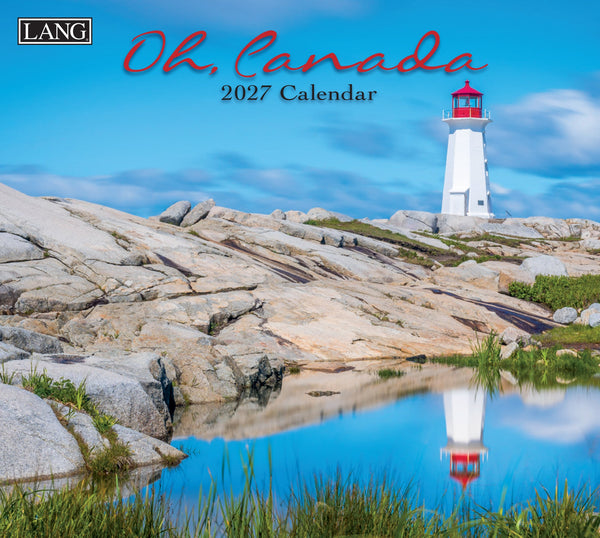 Calendrier mural LANG Oh Canada 2027 : couverture avec un phare sur une côte rocheuse.
