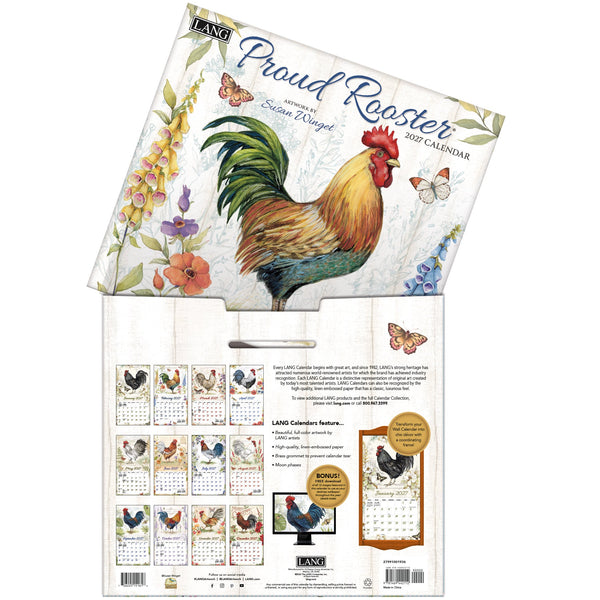 Calendrier mural LANG Proud Rooster 2027 : présentation des illustrations et du dos du calendrier.