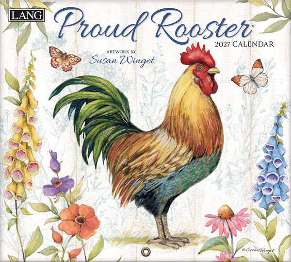Calendrier mural LANG Proud Rooster 2027 : couverture avec un coq entouré de fleurs.