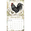 Calendrier mural LANG Proud Rooster 2027 : page de janvier 2027 et un coq noir dans un décor floral.