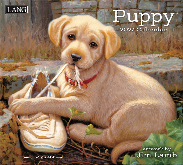Calendrier mural LANG Puppy 2027 : couverture avec un chiot doré avec une chaussure.