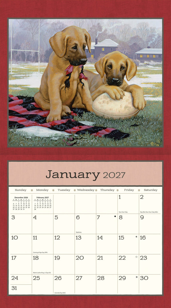 Calendrier mural LANG Puppy 2027 : page de janvier 2027 et deux chiots.