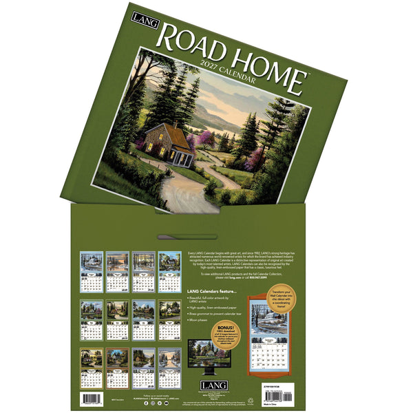 Calendrier mural LANG Road Home 2027 : présentation des illustrations et du dos du calendrier.