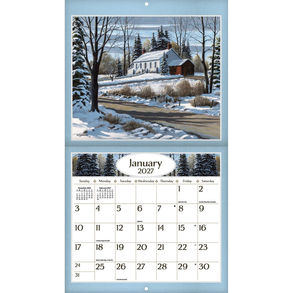 Calendrier mural LANG Road Home 2027 : page de janvier 2027 et une maison dans un paysage enneigé.