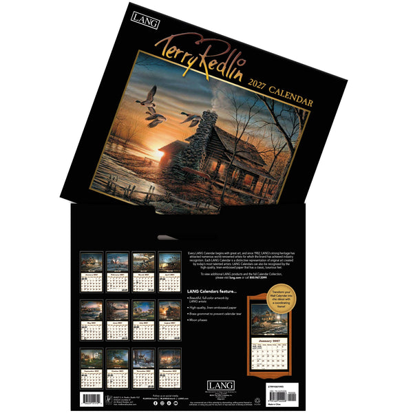 Calendrier mural LANG Terry Redlin 2027 : présentation des illustrations et du dos du calendrier.