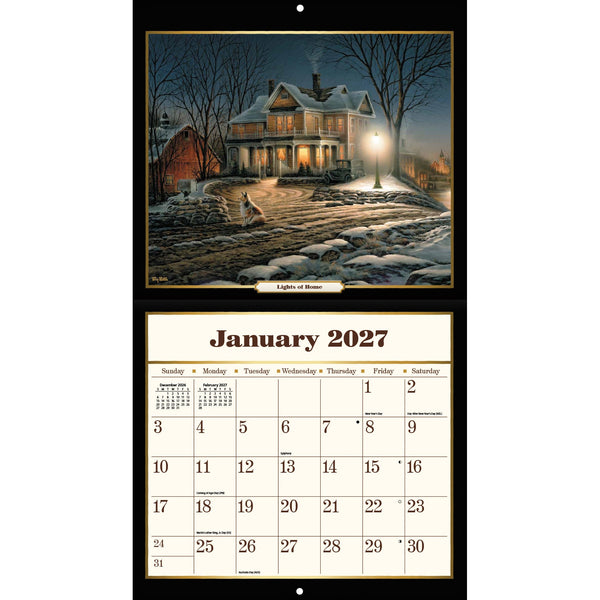 Calendrier mural LANG Terry Redlin 2027 : page de janvier 2027 et une maison éclairée dans la nuit.