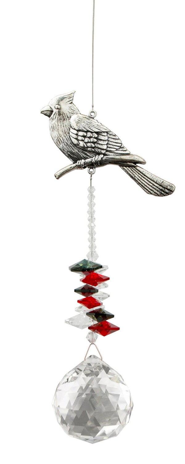 Attrape-soleil Cardinal Eternity Crystal : motif argenté représentant un cardinal perché, perles rouges et vertes et cristal transparent facetté.