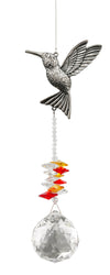 Attrape-soleil Colibri Eternity Crystal : motif argenté représentant un colibri en vol, perles rouges et jaunes et cristal transparent facetté.