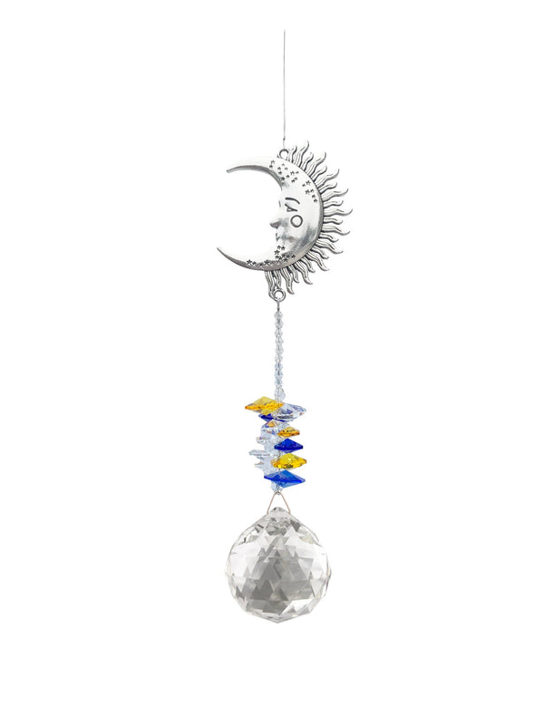 Attrape-soleil Lune Eternity Crystal : motif argenté représentant un croissant de lune, perles bleues et jaunes et cristal transparent facetté.