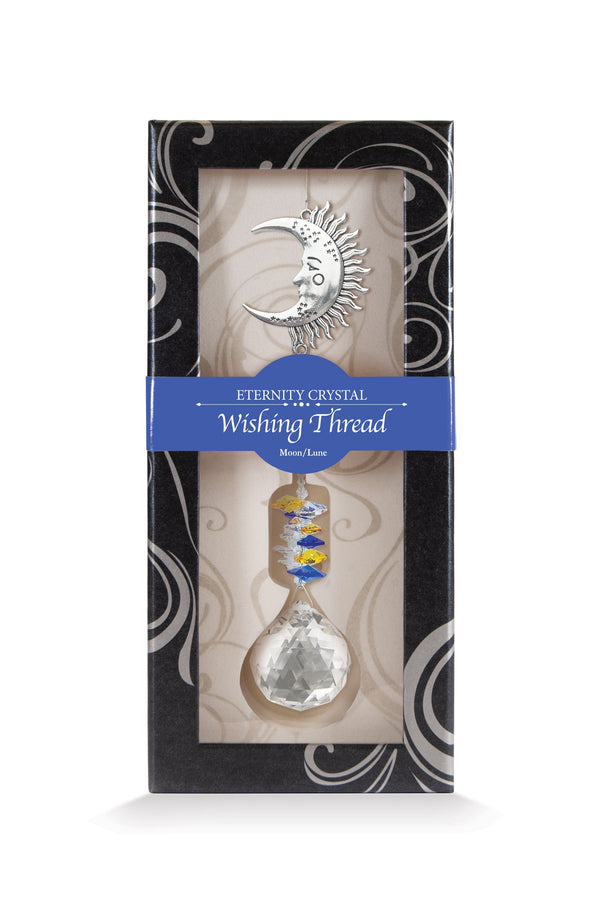 Fil à vœux Lune Eternity Crystal présenté dans sa boîte illustrée avec son cristal facetté.