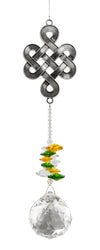 Attrape-soleil Nœud infini Eternity Crystal : motif argenté représentant un nœud entrelacé, perles vertes et jaunes et cristal transparent facetté.