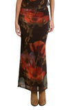 Jupe longue fluide La Maison du Bleuet marron à motif floral rouge et orange, coupe droite élégante et légère