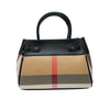 La Maison du Bleuet structured vegan leather handbag with black trim and beige plaid pattern