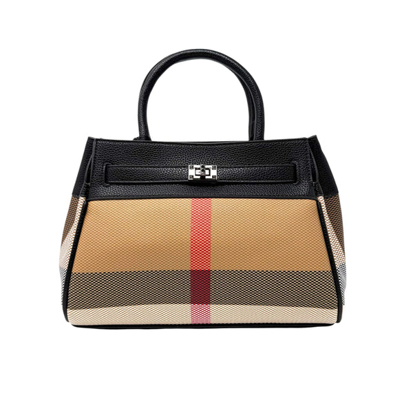 Structured vegan leather handbag with beige plaid pattern and black leather trim