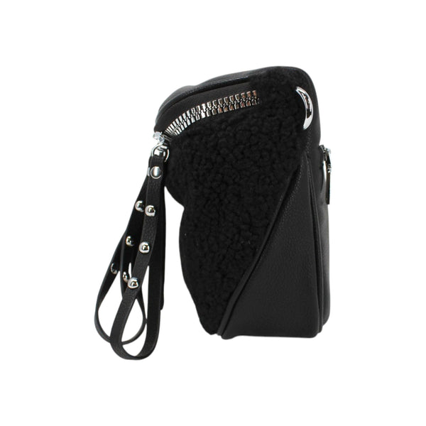 Sac banane deluxe Maison Taïga noir en cuir texturé et laine bouclée avec fermeture éclair argentée