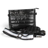 Sac bandoulière Maison Taïga en nylon noir matelassé avec sangle ajustable rayée argentée et petite pochette ronde