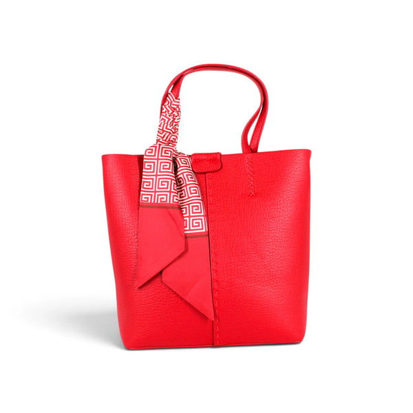 Sac à main Maison Taïga Charme rouge en cuir grainé avec foulard décoratif à motifs géométriques