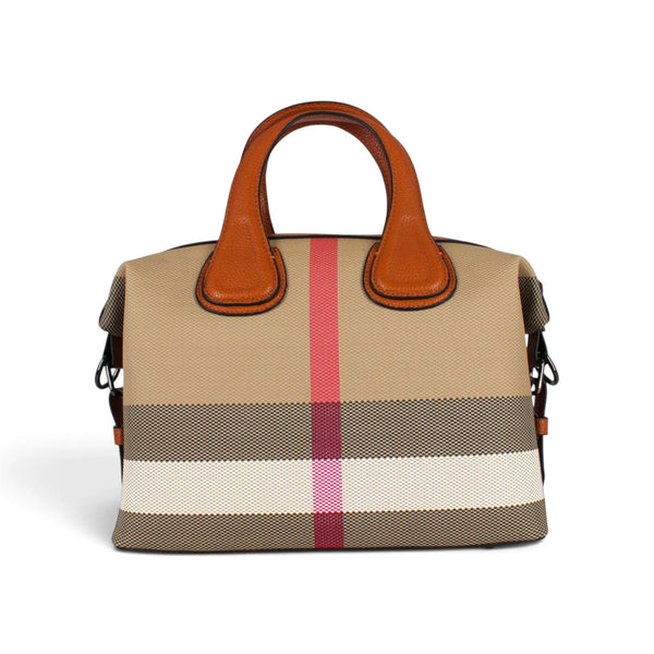 Sac à main Maison Taïga Élégance beige à motif tartan avec poignées en cuir marron et fermoir modulable