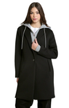 Manteau mi-long noir Dex 2829010D vu de face : col à revers, capuche grise à cordons et empiècement zippé.