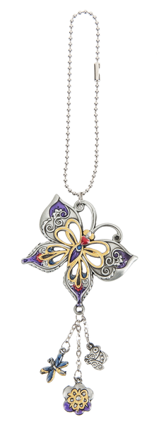 Ornement Ganz avec papillon violet et jaune, chaînette argentée et petites breloques florales