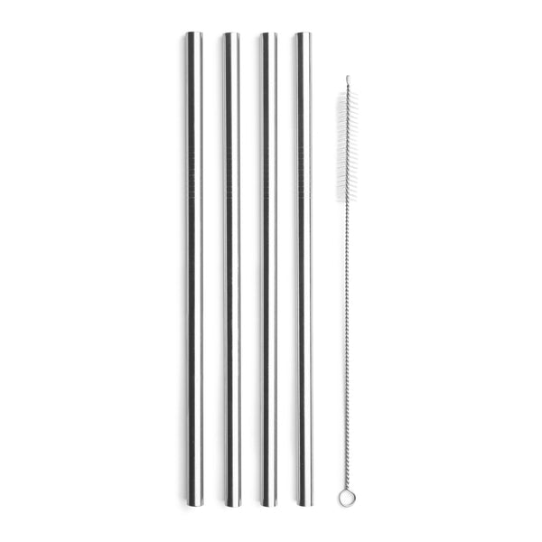 Quatre pailles droites Final Touch en inox de 21,5 cm avec leur brosse de nettoyage.