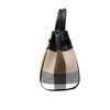 Structured vegan leather handbag with black handles and a beige, black, and white plaid pattern.