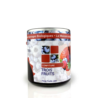 Confiture aux 3 fruits, fraise, framboise, bleuet sauvages, La Maison du Bleuet, 212ml