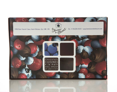 Boîte de Bleuets et de canneberges seches enrobé de chocolat noir 58%